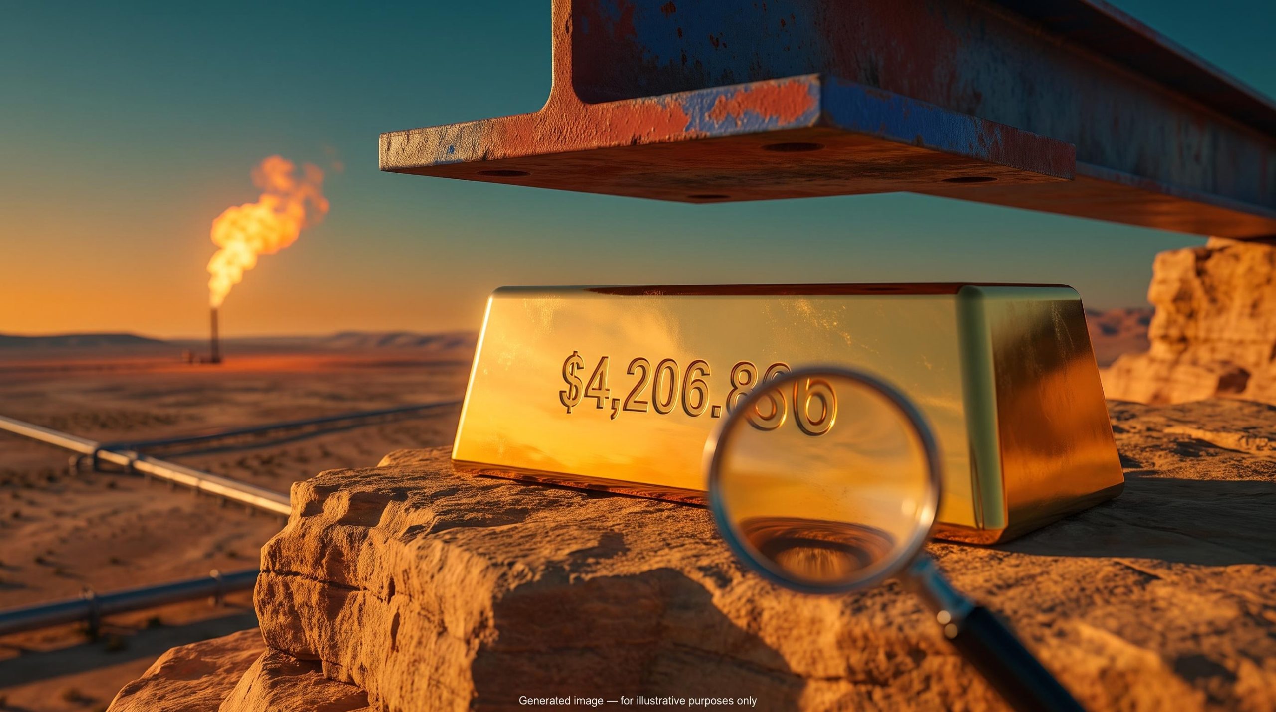 Gold bar stamped $4,206.86 under a steel ceiling plate at sunset, showing the gold price squeezed by Fed rate pressure
