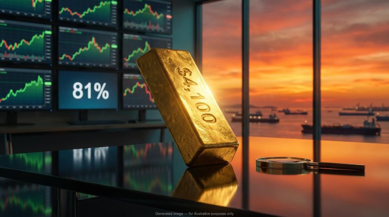 Gold bar engraved "$4,100" before a Hormuz-themed sunset skyline, illustrating gold price analysis amid Fed hawkishness