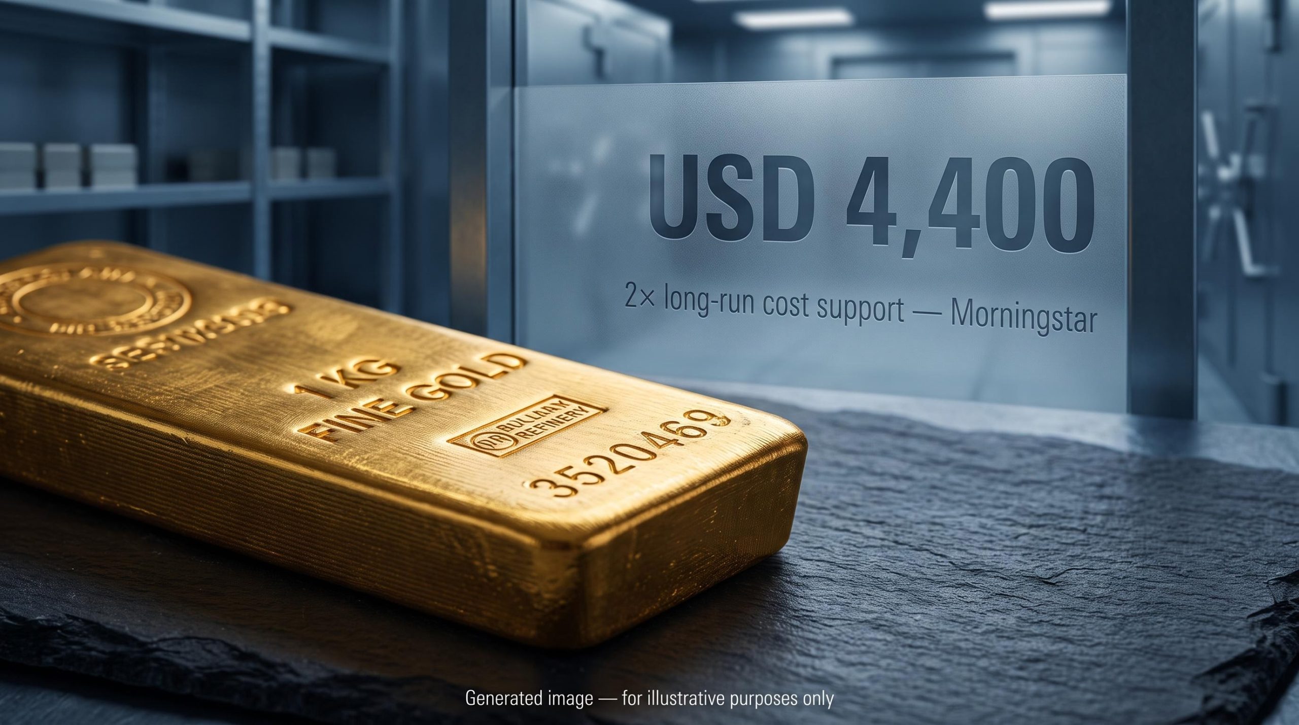 Gold bullion bar with USD 4,400 price overlay highlighting Morningstar's 2× cost support gap in gold price analysis