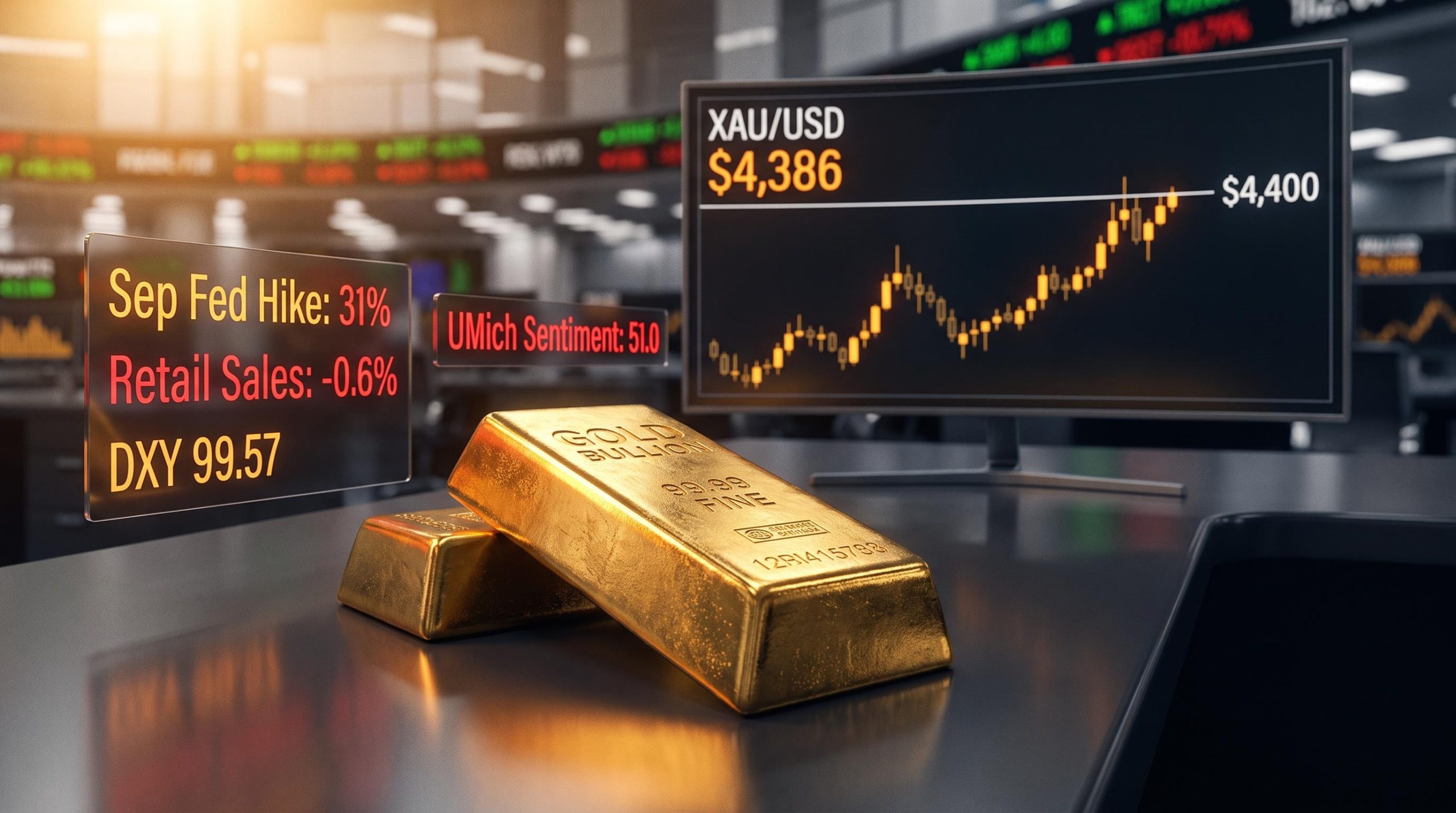 Gold bar at $4,386 with $4,400 resistance level marked, Fed hike odds cut to 31% on weak retail data