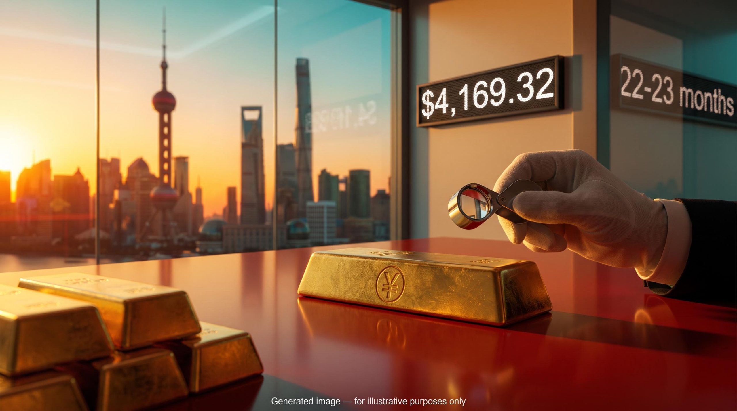 Gold bar with yuan symbol under a jeweller's loupe before Shanghai skyline, illustrating gold price China debt analysis