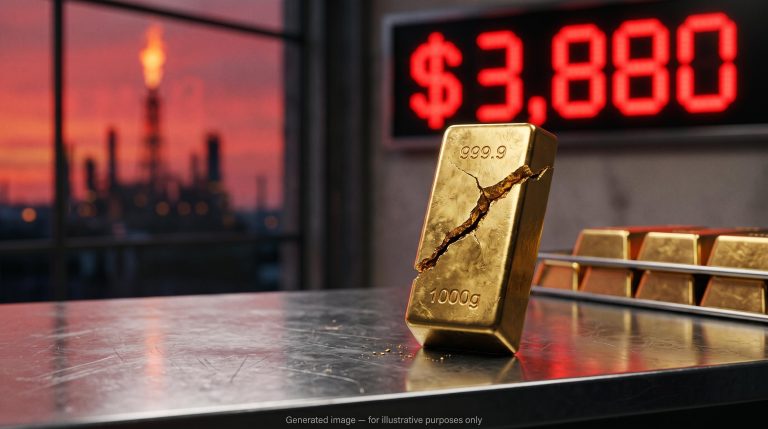 Cracked gold bar before a red price board showing $3,880 as the gold price drop meets an oil shock
