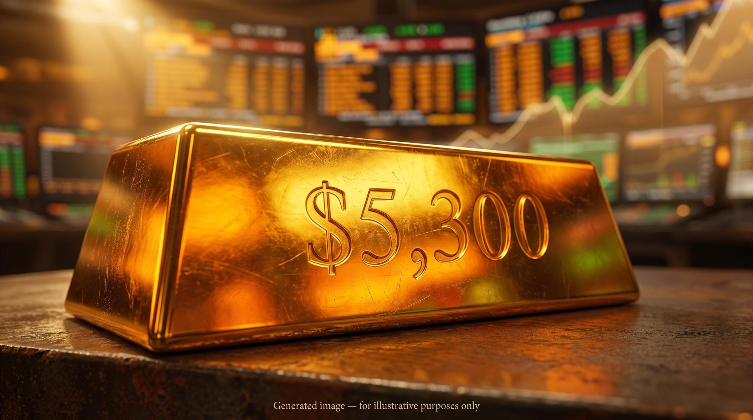 Gold bullion bar engraved with $5,300 price level amid warm trading floor glow, illustrating gold price factors