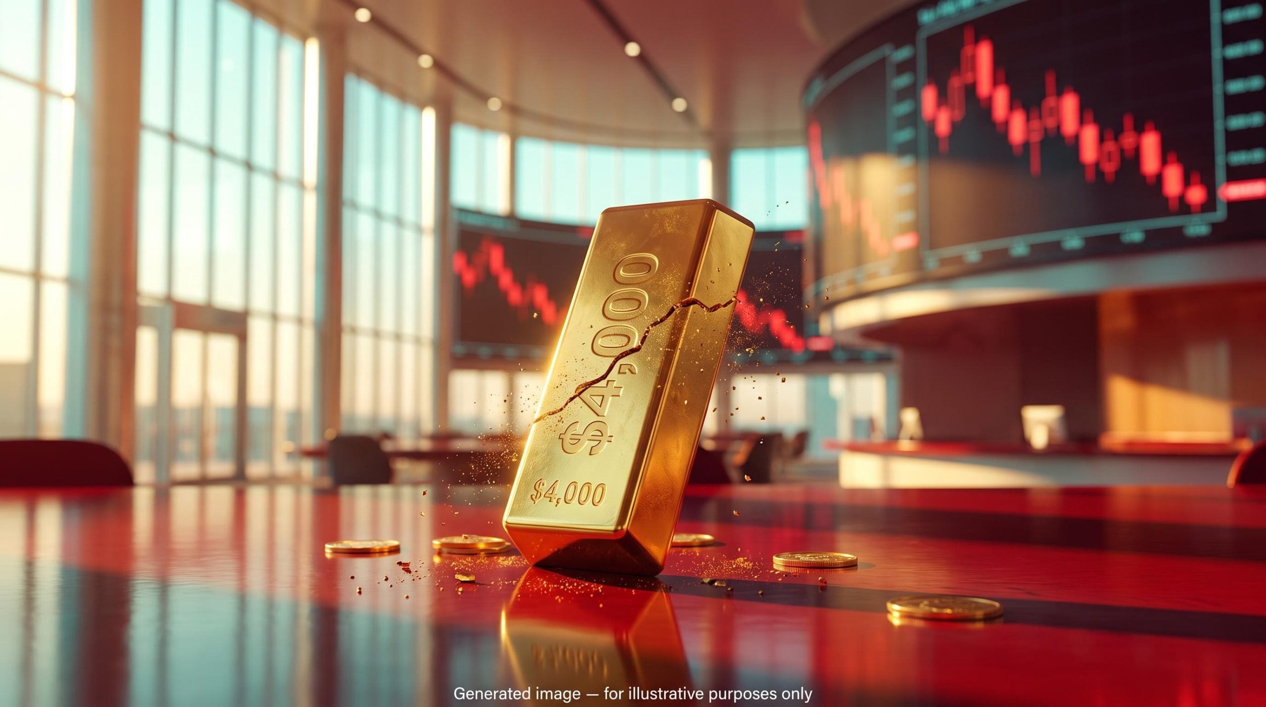 Cracked gold bar stamped $4,000 against red falling price screens, illustrating the gold price forecast as gold drops