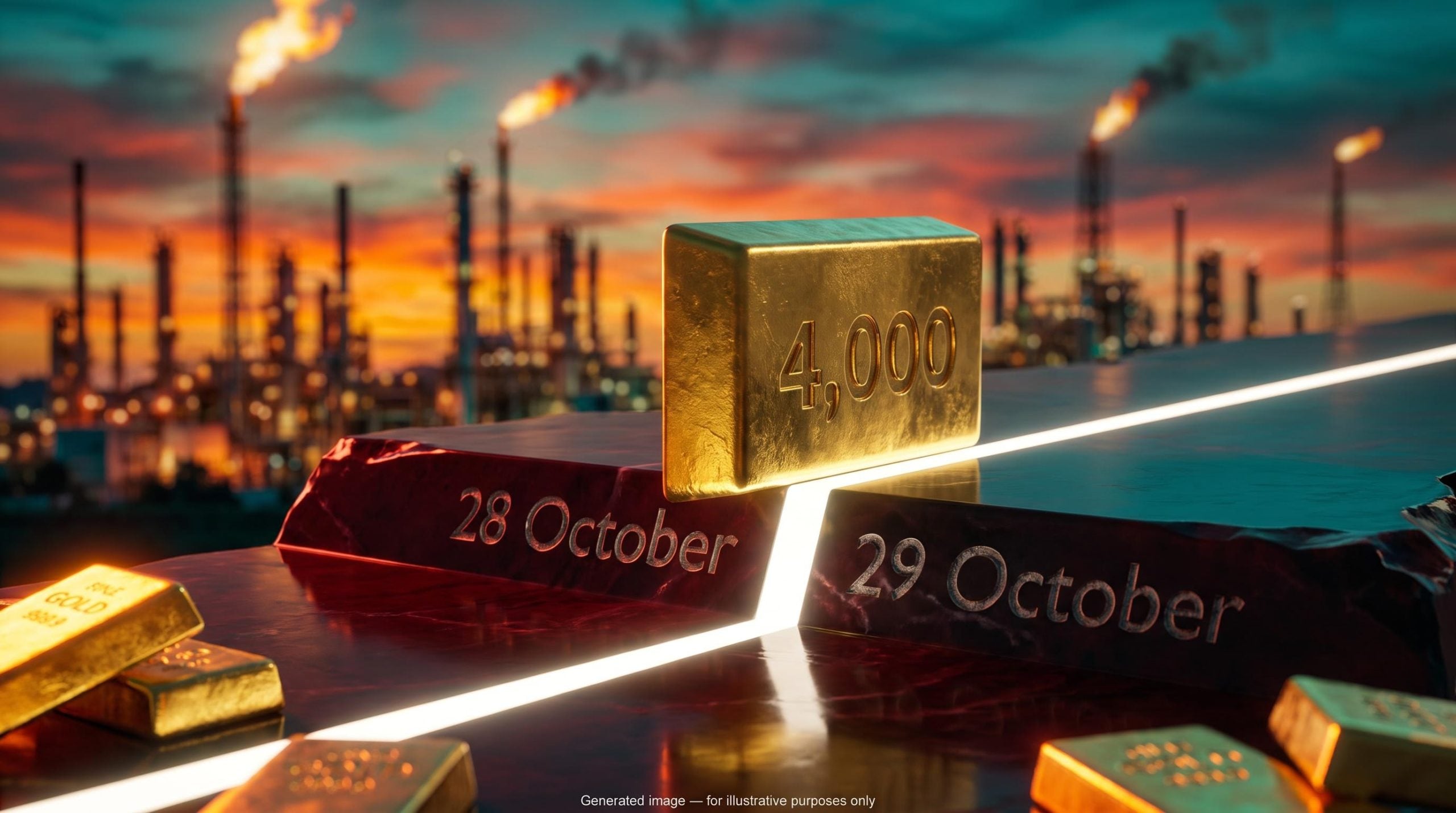 Gold bar engraved 4,000 poised on a ledge before a burning oil refinery, illustrating the gold price forecast