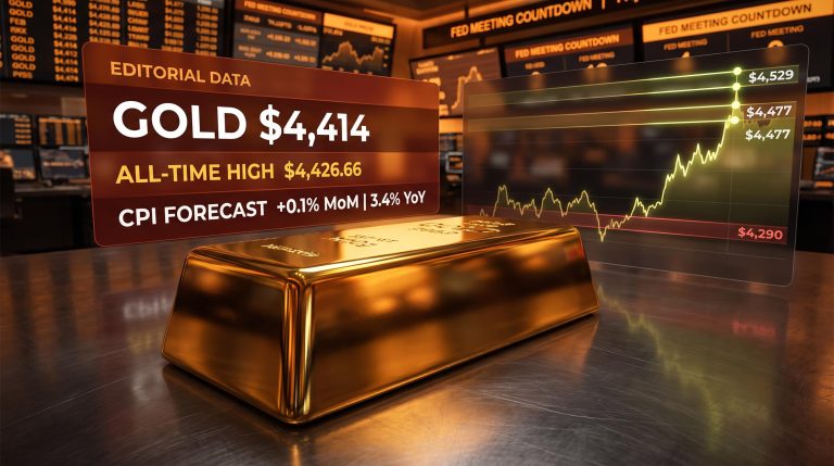 Gold bullion bar at $4,414 with CPI forecast data panels ahead of key US inflation release