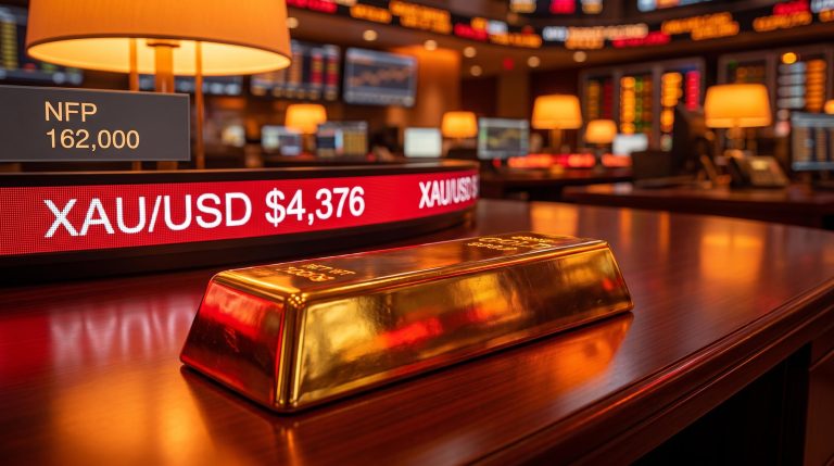 Gold bar angled downward beside XAU/USD $4,376 terminal screen after NFP 162,000 jobs beat drives 2% selloff