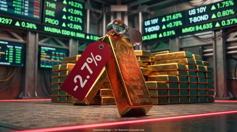 Gold bar with red -2.7% tag before rising Treasury screens, illustrating the gold price outlook after the October selloff