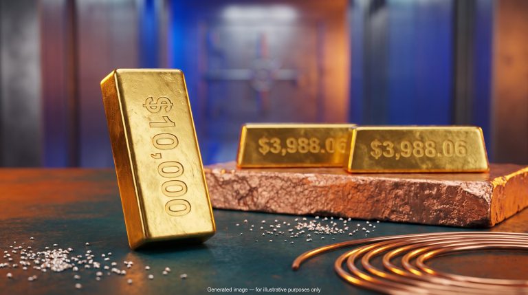 Gold bar stamped $10,000 before a bar marked $3,988.06 on copper, illustrating a gold price prediction versus the current price