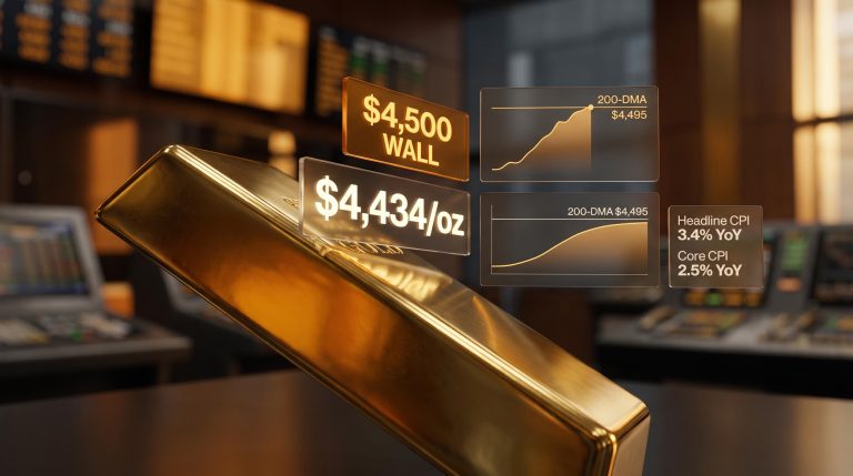 Gold bar at $4,434/oz with $4,500 resistance wall and CPI data panels in gold price prediction analysis