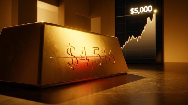 Gold bar at the $4,516 200-day SMA threshold with $5,000 gold price prediction target on screen