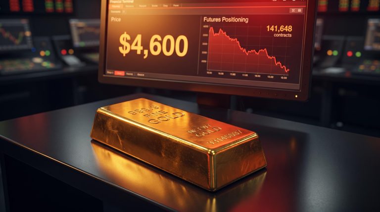 Gold bullion bar under crimson futures screen showing $4,600 — gold price prediction at Jackson Hole risk