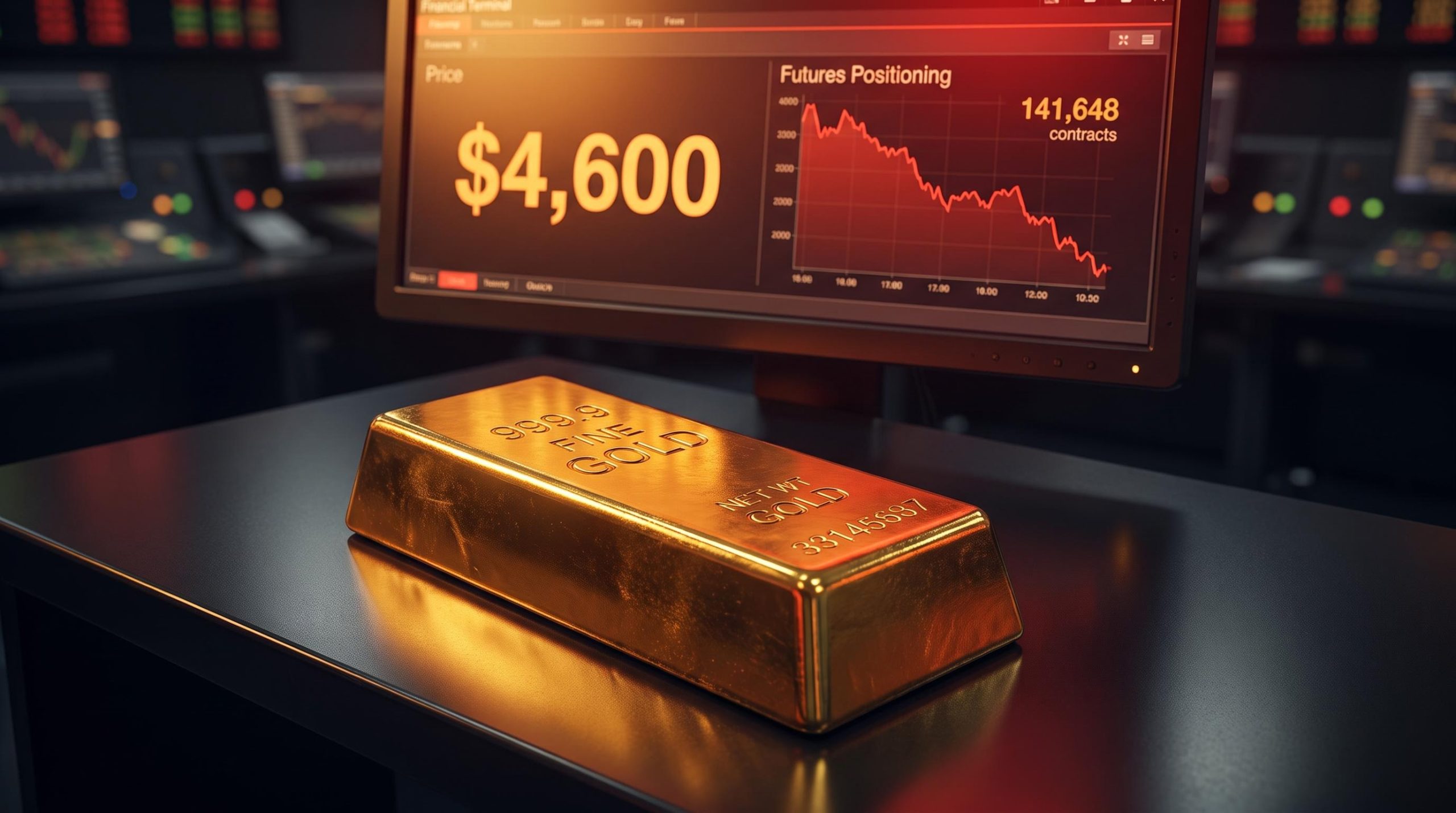 Gold bullion bar under crimson futures screen showing $4,600 — gold price prediction at Jackson Hole risk