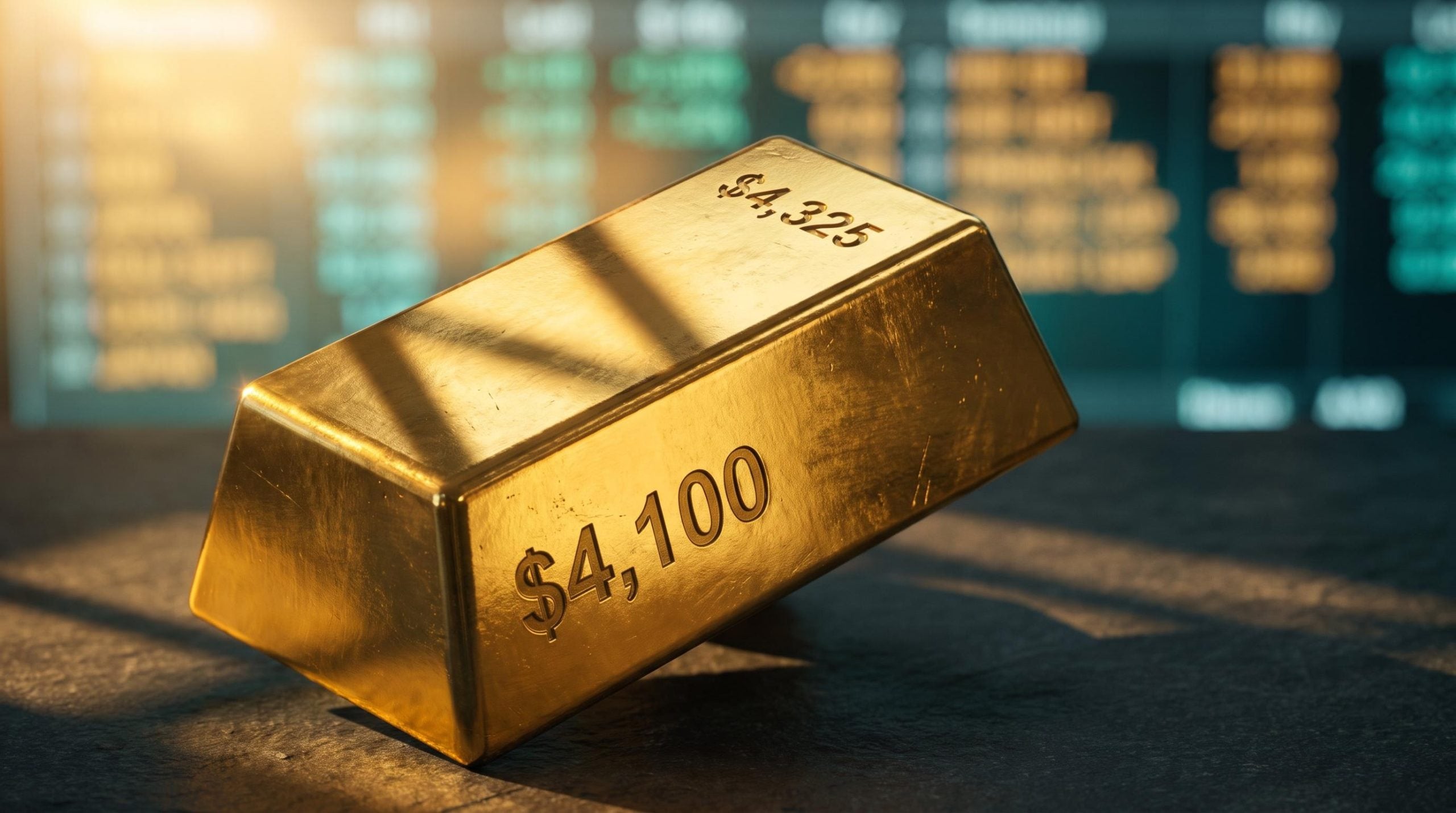 Gold bar with key price levels $4,100 and $4,325 before NFP data drops — gold price prediction analysis