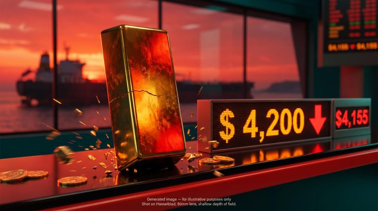 Gold bullion bar with falling price board showing $4,200 as the gold price today slides amid Fed hike bets