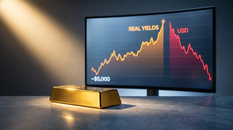 Gold bar surging against a screen showing real yields rising and USD falling — gold and real yields divergence