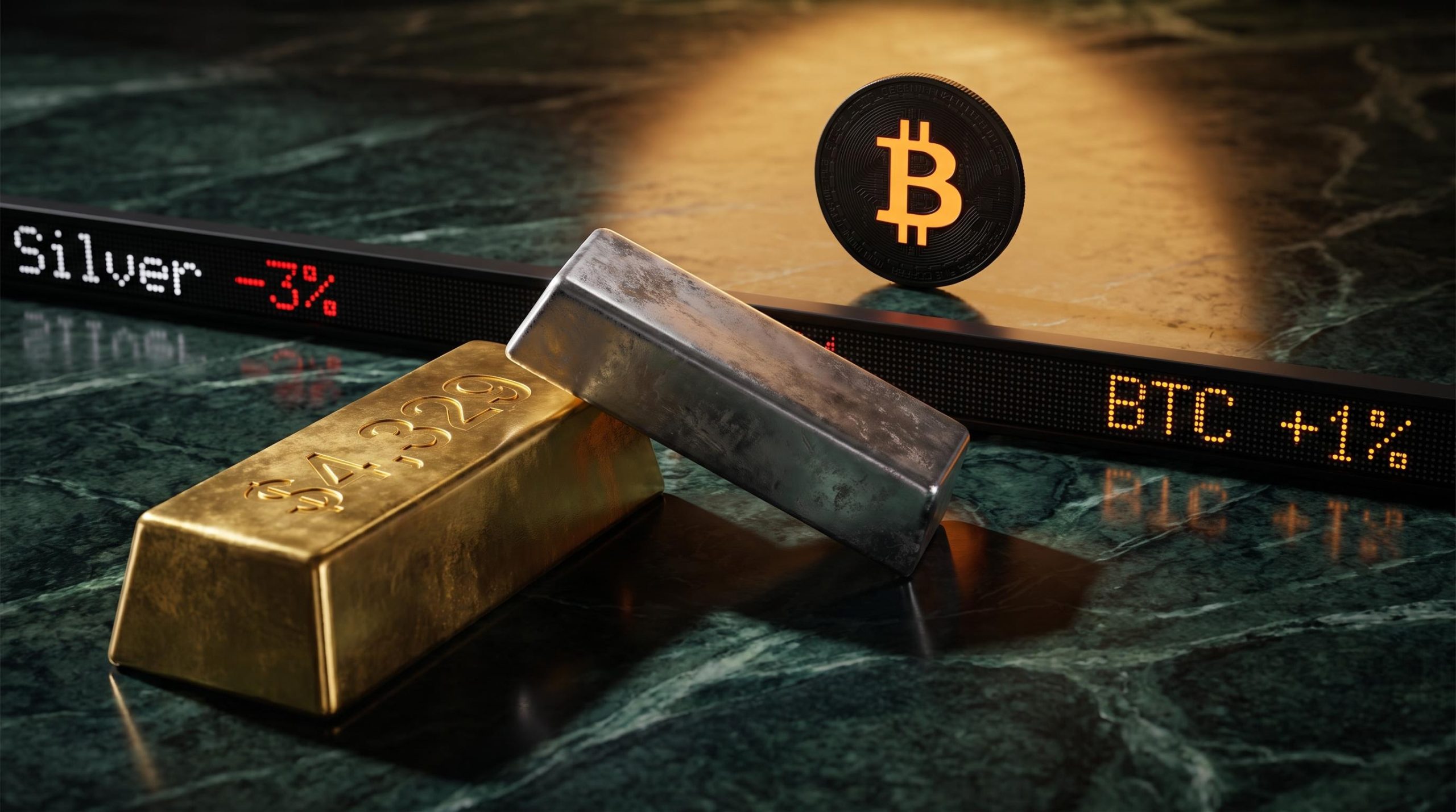 Gold bar, tilted silver bar, and upright Bitcoin coin illustrating gold silver bitcoin divergence on a trading surface