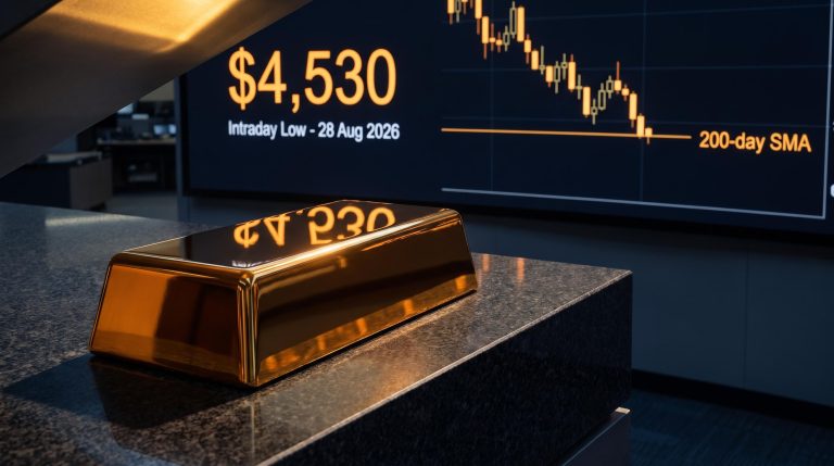 Gold bar at $4,530 weekly low with 200-day SMA support level on trading screen — gold technical analysis