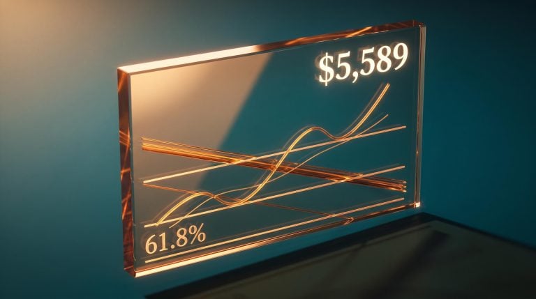 Fibonacci retracement bands on a luminous gold chart panel with $5,589 peak — gold technical analysis framework