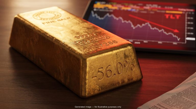 Gold bar stamped with -56.0% as TLT bond ETF chart declines on terminal — gold vs bonds purchasing power gap