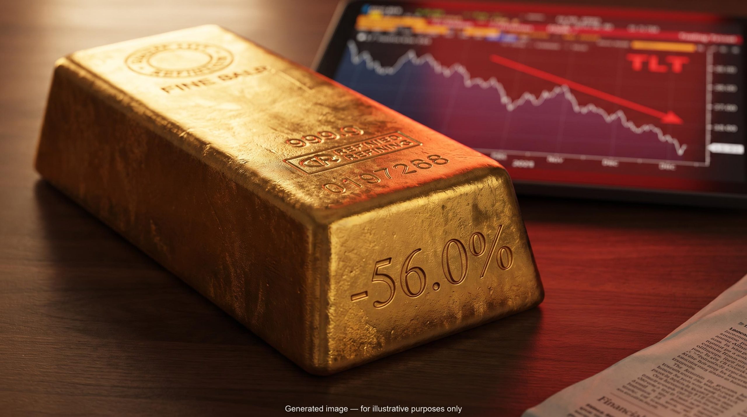 Gold bar stamped with -56.0% as TLT bond ETF chart declines on terminal — gold vs bonds purchasing power gap