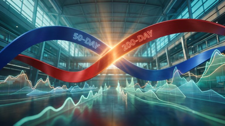 Golden cross and death cross visualised as two sweeping SMA ribbons crossing in a surreal trading floor scene