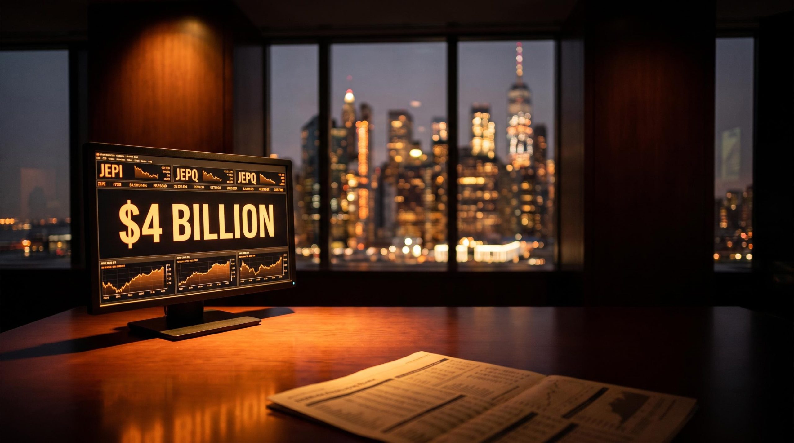 Goldman Sachs $4 billion covered call ETF acquisition signal shown as trading screen data against Manhattan skyline