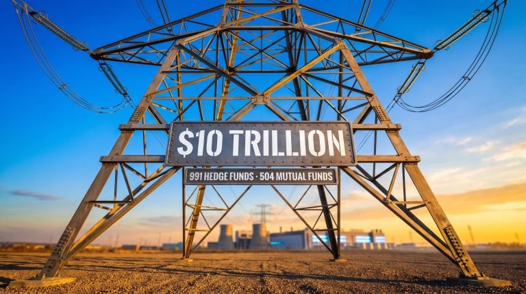 High-voltage pylon towers over AI data centre with $10 trillion Goldman Sachs institutional flow signal — AI stocks to buy