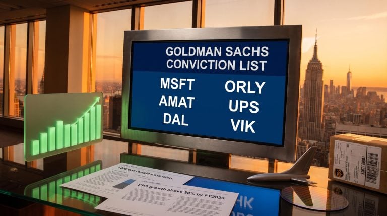 Goldman Sachs Conviction List screen showing six new stock picks including MSFT, DAL and UPS amid August 2026 market broadening rotation