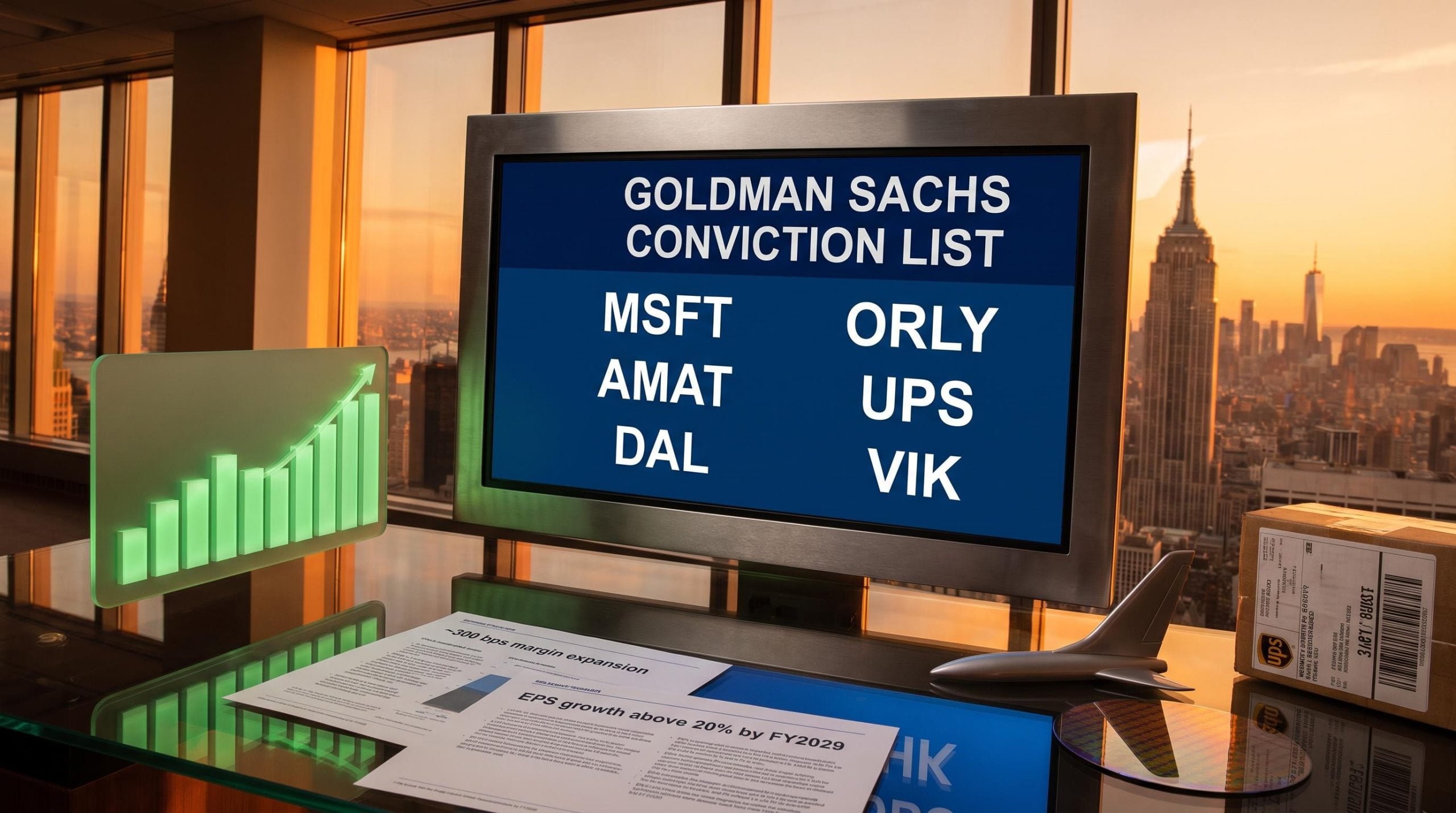 Goldman Sachs Conviction List screen showing six new stock picks including MSFT, DAL and UPS amid August 2026 market broadening rotation