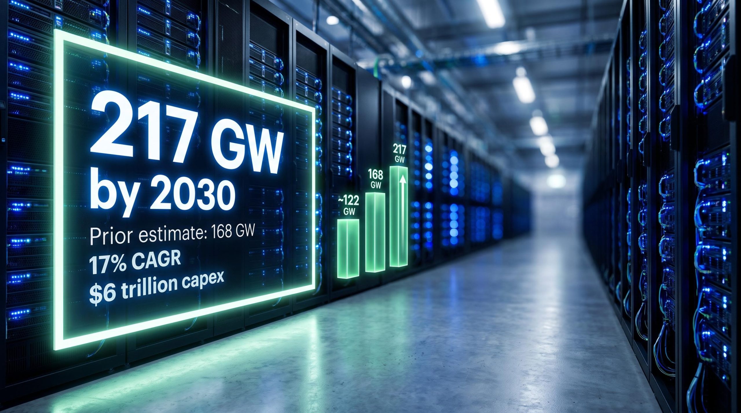 Goldman Sachs 217 GW data centre forecast revision displayed on a glowing panel inside a hyperscale server corridor