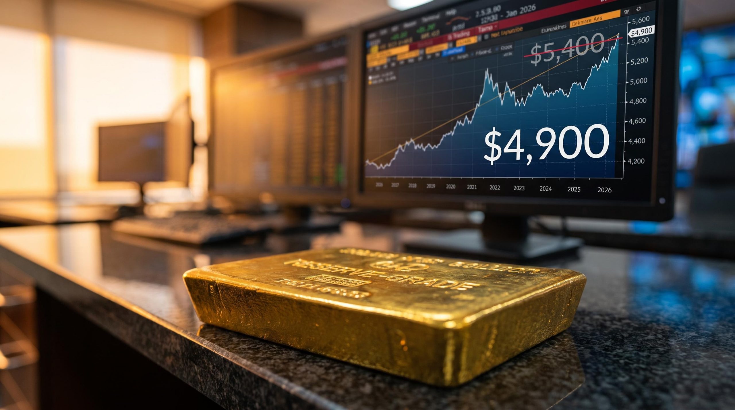 Gold bullion bar with $4,900 Goldman Sachs year-end target on trading screen as Fed rate hike looms