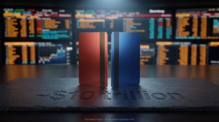Two metal payment cards on slate surface with $10 trillion Goldman Sachs smart money stocks institutional data etched beneath
