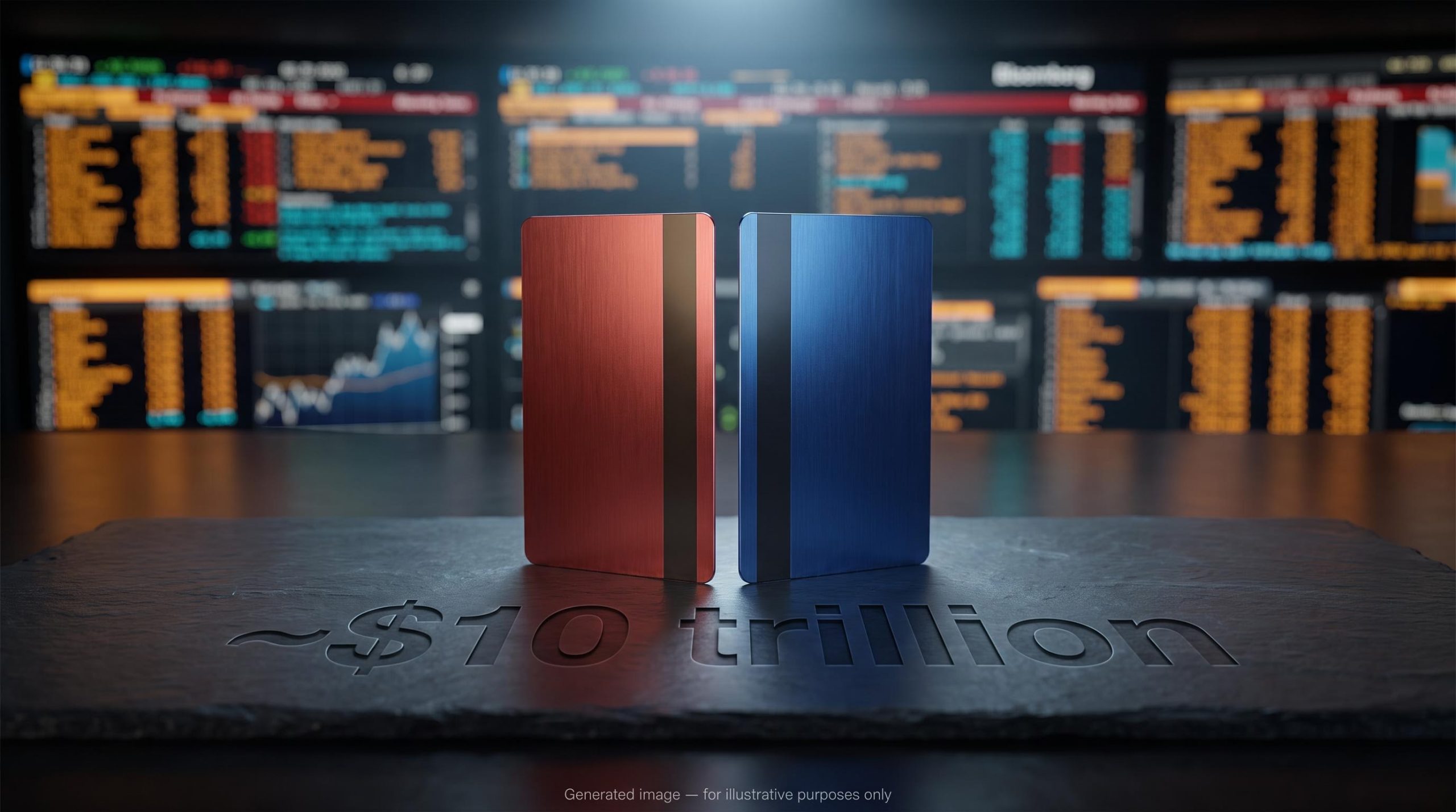 Two metal payment cards on slate surface with $10 trillion Goldman Sachs smart money stocks institutional data etched beneath