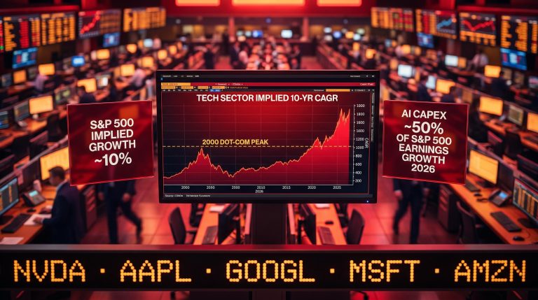 Goldman Sachs tech earnings bubble warning: DDM-implied CAGR surpassing 2000 dot-com peak on trading floor screen