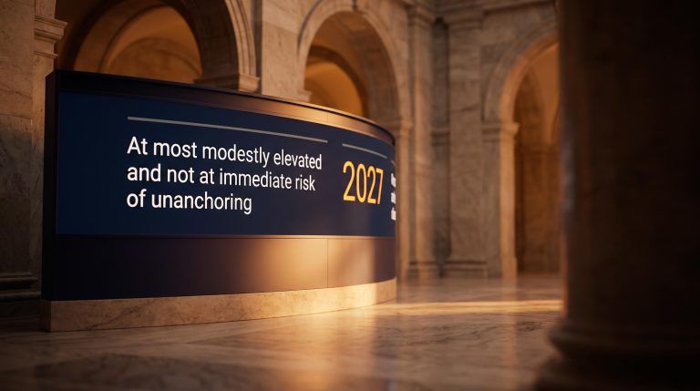 Goldman Sachs inflation expectations research conclusion displayed on a financial terminal inside a grand institutional hall