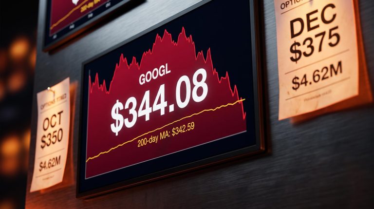 GOOGL stock at $344.08 with descending red chart and options positions against 200-day moving average