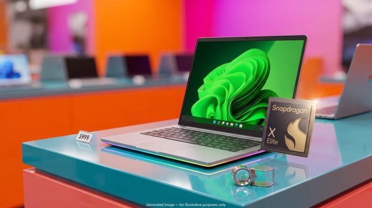 Googlebook Snapdragon X Elite laptop with a $999 price tag and a loupe, suggesting scrutiny of Qualcomm's PC push
