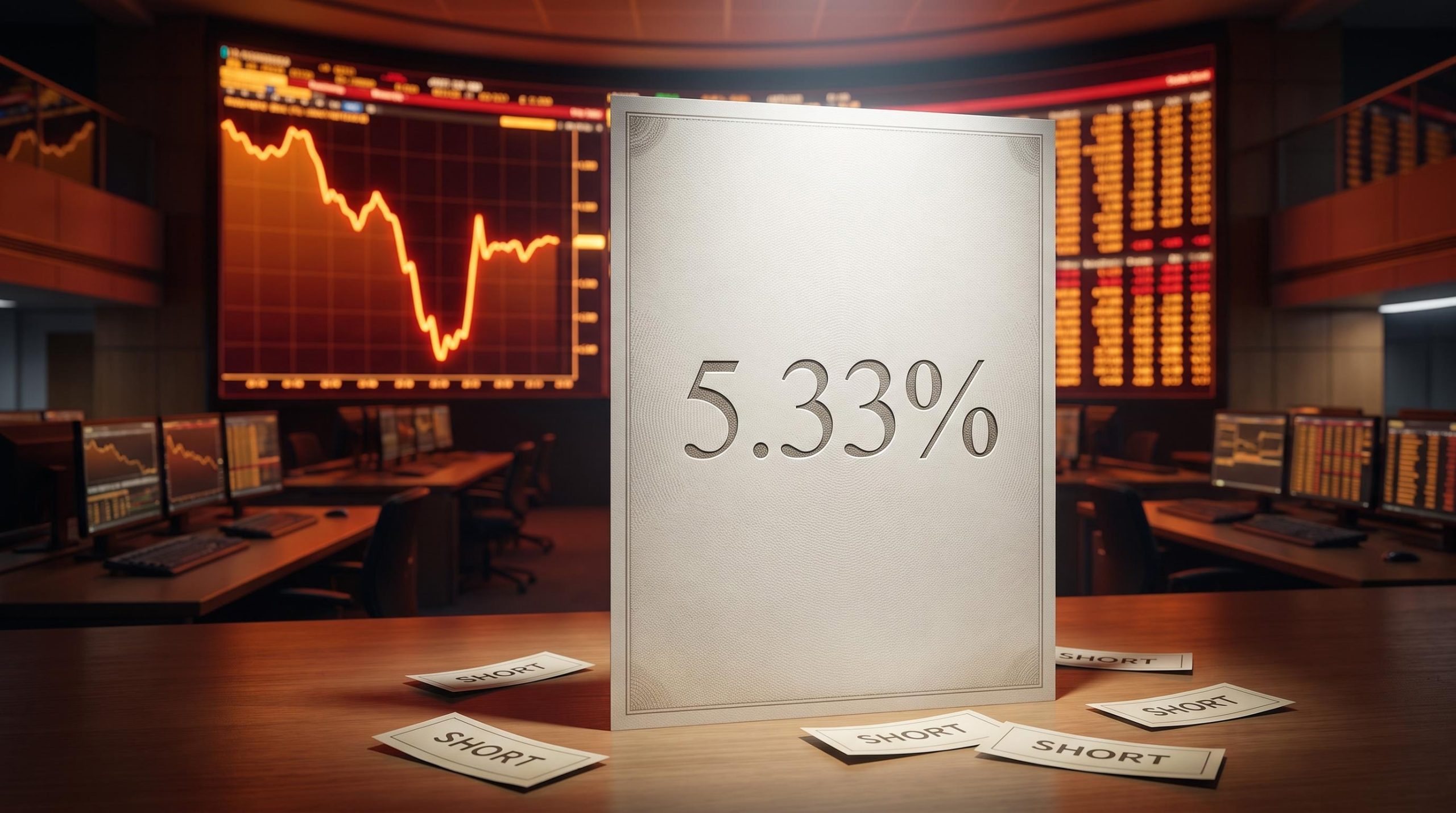 Oversized Treasury bond at 5.33% yield dominates a glowing trading floor as government bond market interventions signal speculative risk