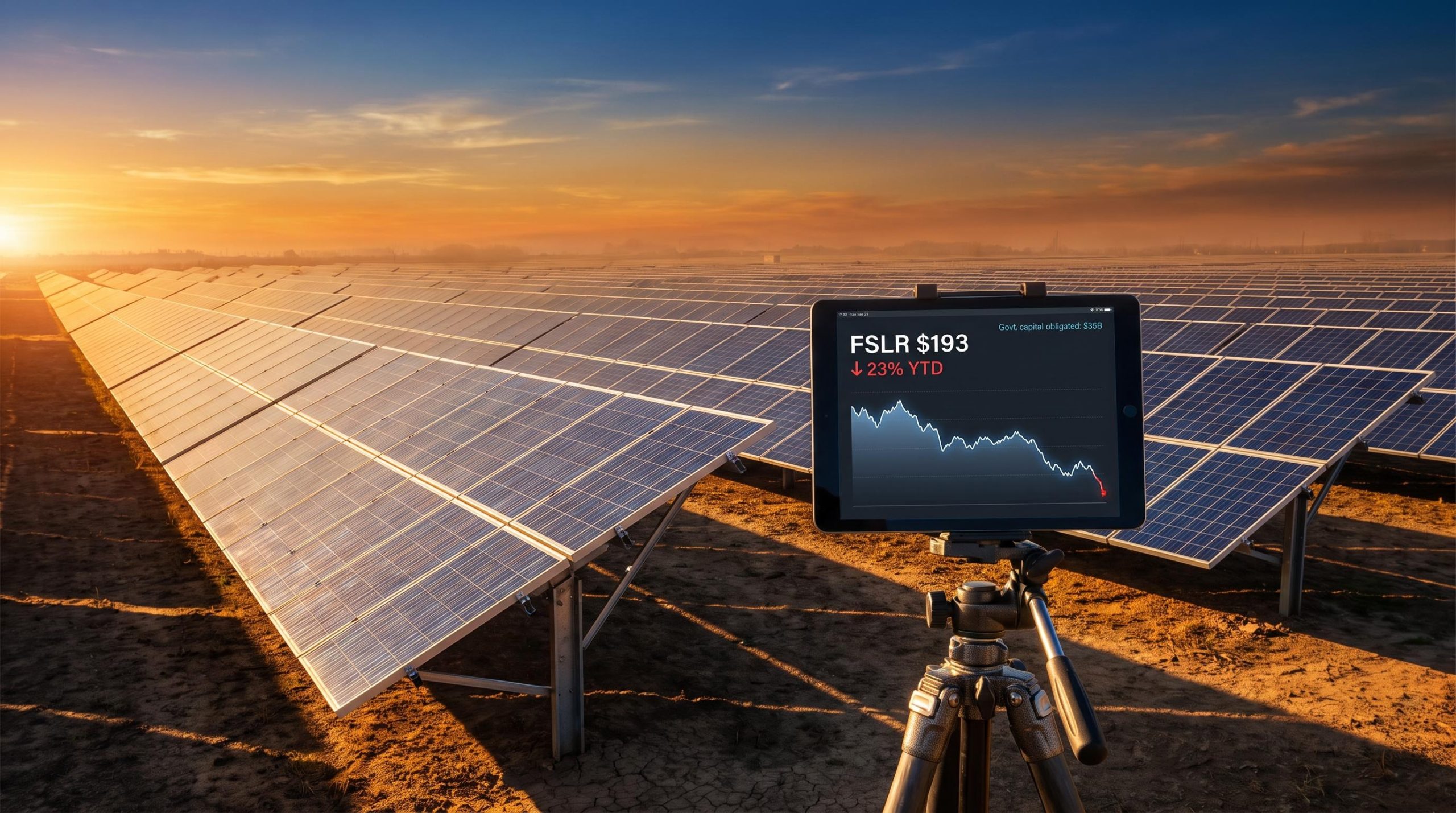 First Solar at $193 down 23% YTD on a field tablet against a vast solar farm — government capital allocation signal