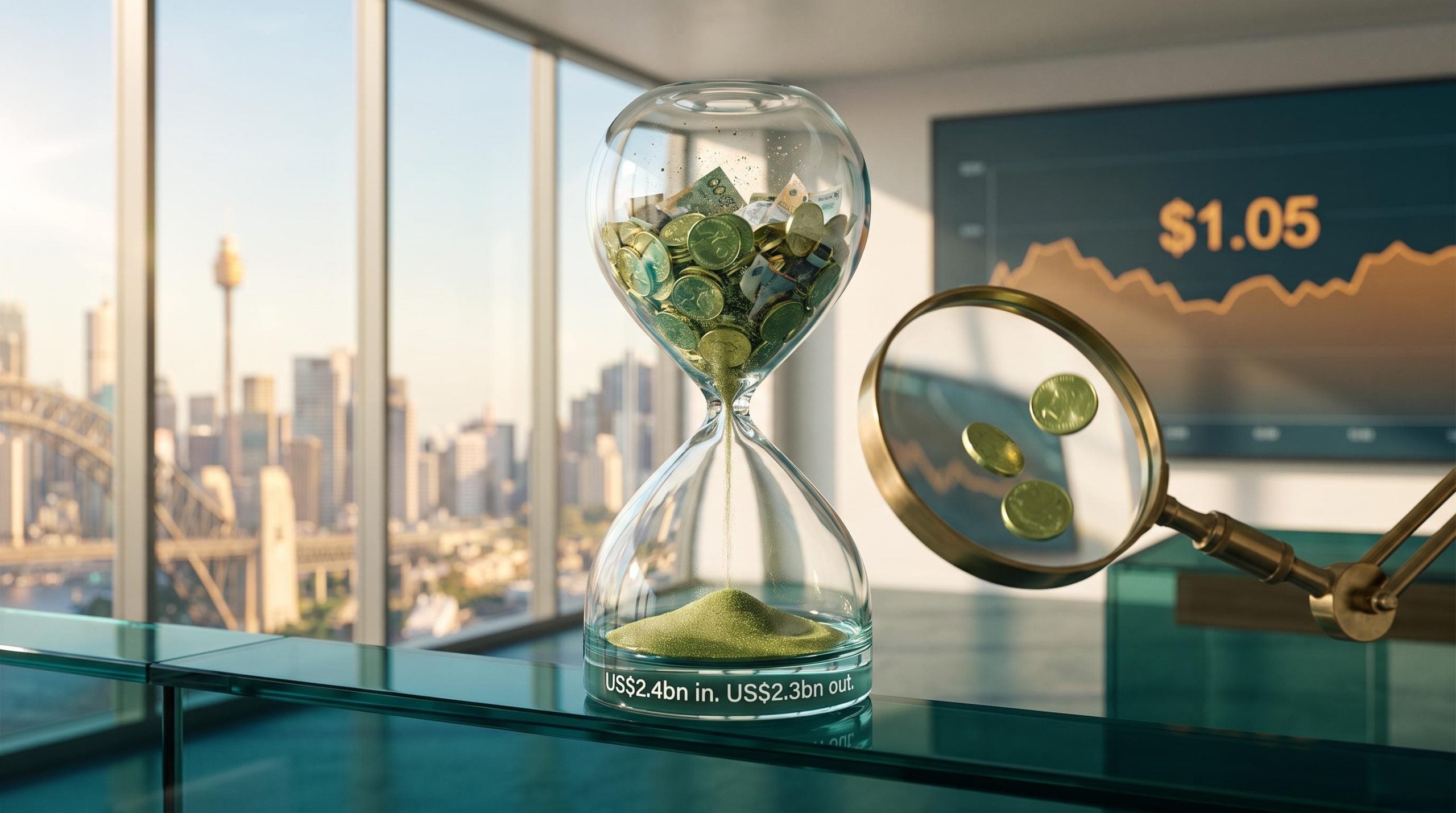 Hourglass draining coins beside US$2.4bn in, US$2.3bn out text, illustrating GQG Partners outflows and the $1.05 fair value