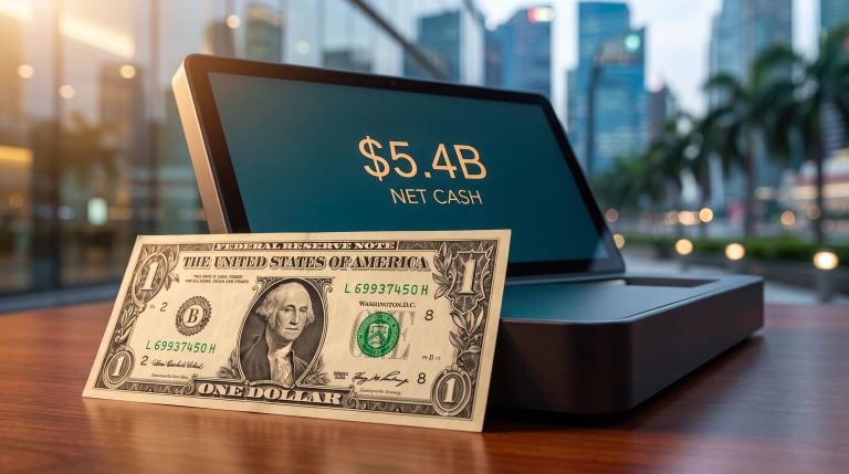 US dollar note foreground with $5.4B net cash screen — Grab Holdings stock value trap vs turnaround analysis