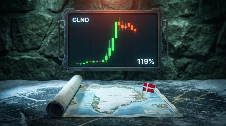 GLND ticker chart showing 119% exhaustion gap spike beside a Greenland topographic map and Danish flag