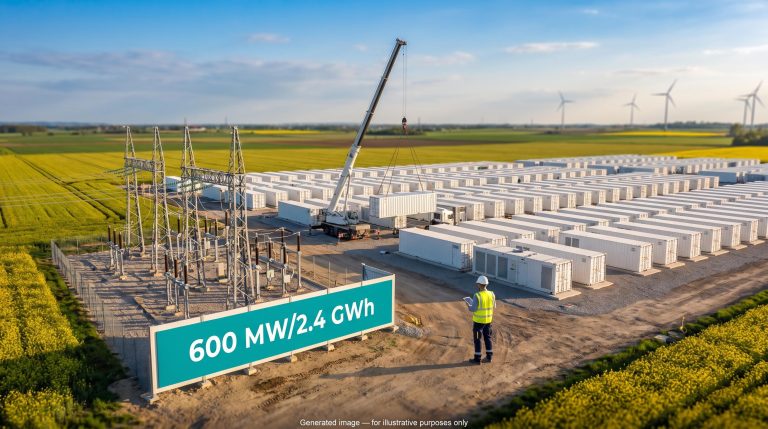Greenvolt Siedlce battery investment site in Poland with 600 MW/2.4 GWh sign and engineer reviewing container rows