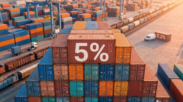 Container port stacks stencilled 5% beside a delivery van marked 2.2%, illustrating gross output vs GDP