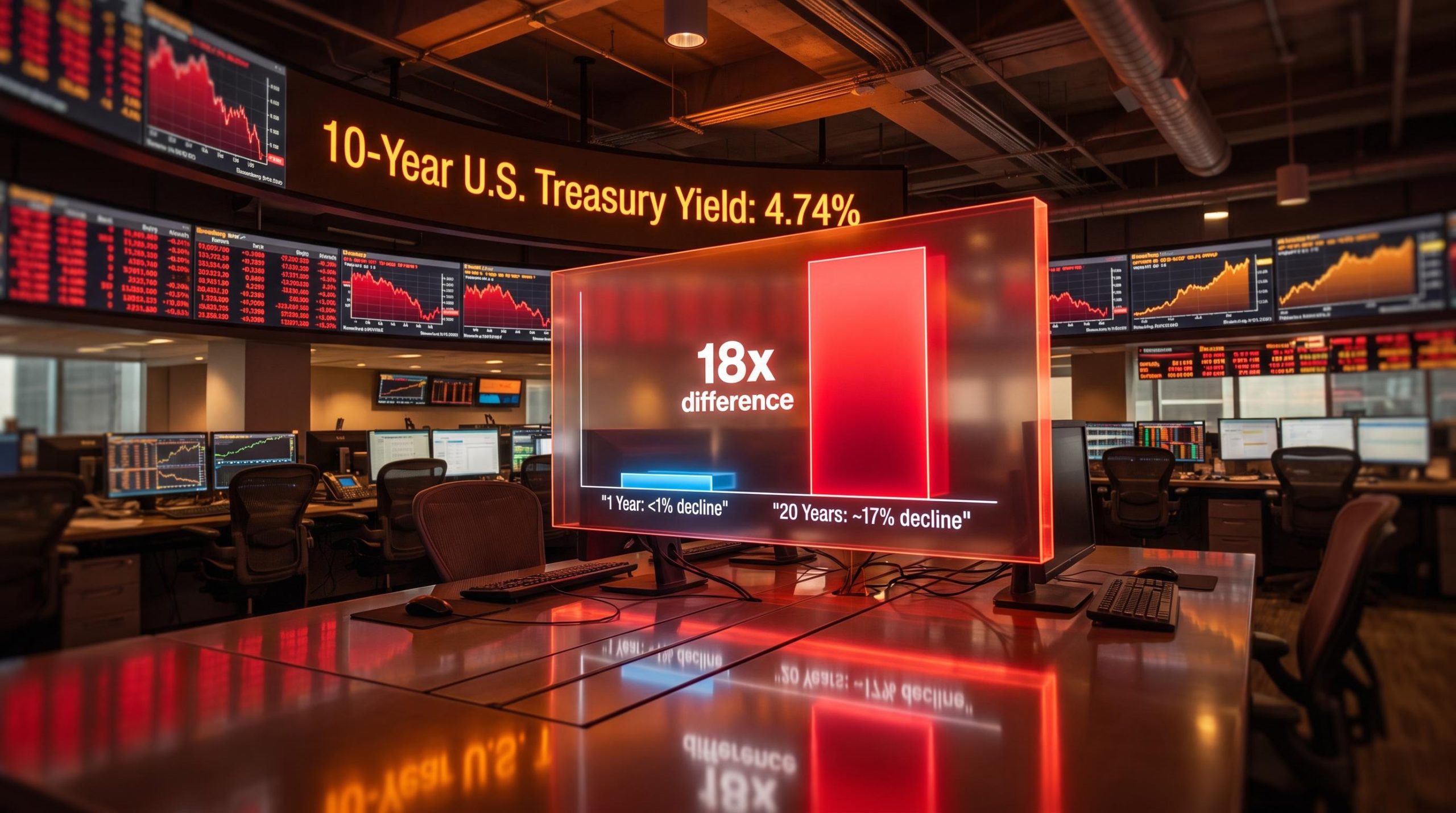 Trading floor data panel showing 18x rate sensitivity gap between 1-year and 20-year cash flows as yields hit 4.74%