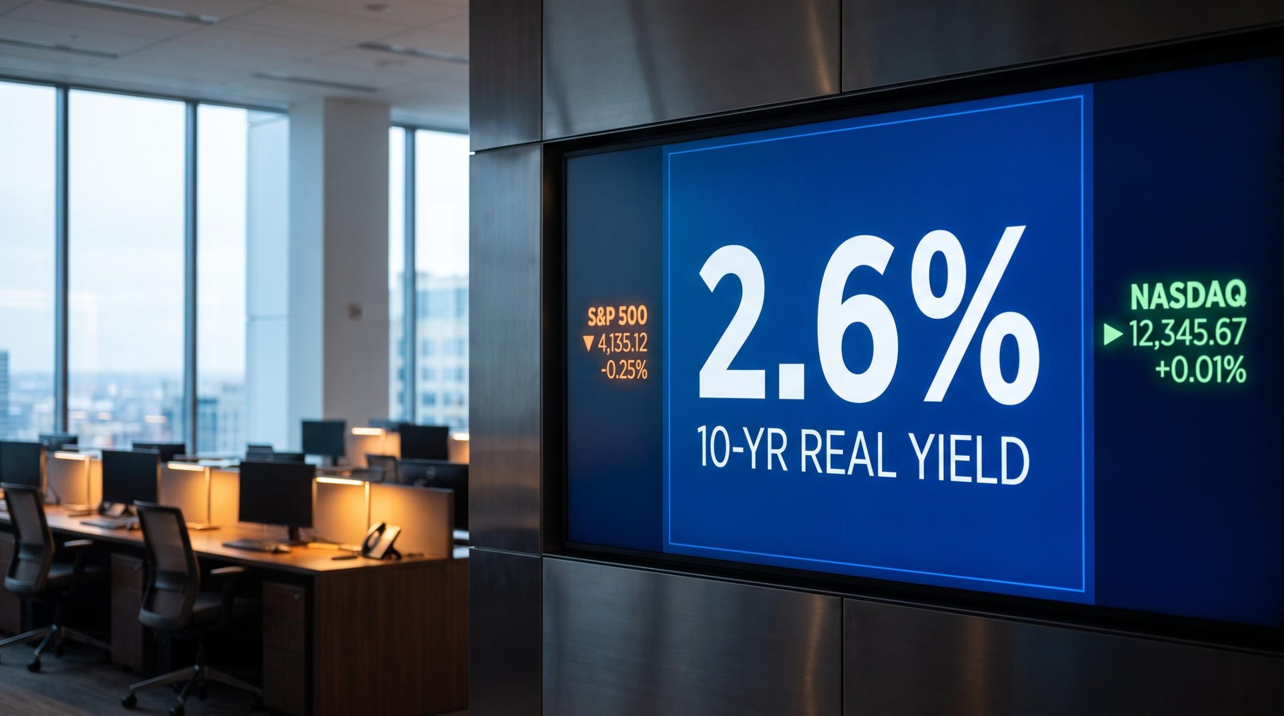 Institutional trading screen showing 2.6% real yield as growth stocks and rising rates create market tension