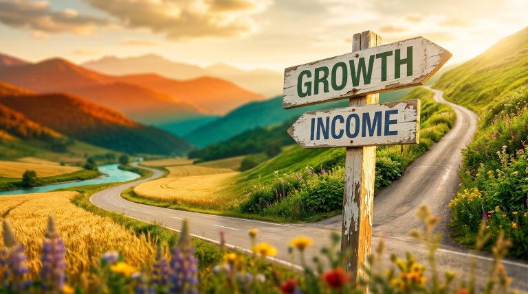 Signpost at a sunlit fork in the road pointing to growth or income, illustrating growth vs income shares trade-offs
