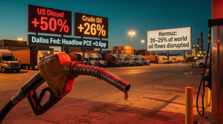 US diesel pump with +50% price overlay and Hormuz disruption data panels showing Gulf War inflation impact