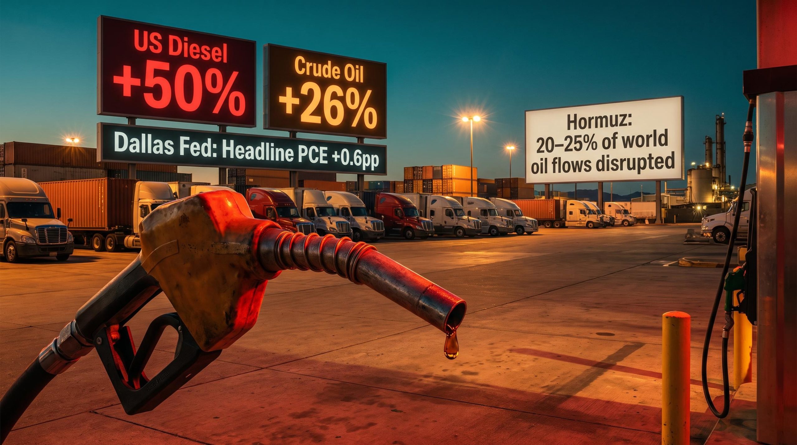 US diesel pump with +50% price overlay and Hormuz disruption data panels showing Gulf War inflation impact
